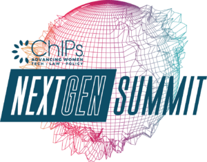 A gridlike globe with a gradient of colors travelling vertically and transforming from dark purple to a bright fuschia and deep blue to teal. ChIPs NextGen Summit written boldly across the front.