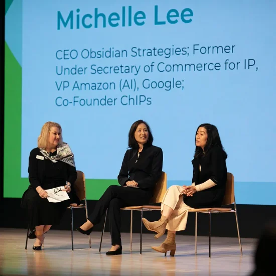 3 women on stage at the Next Gen Summit.